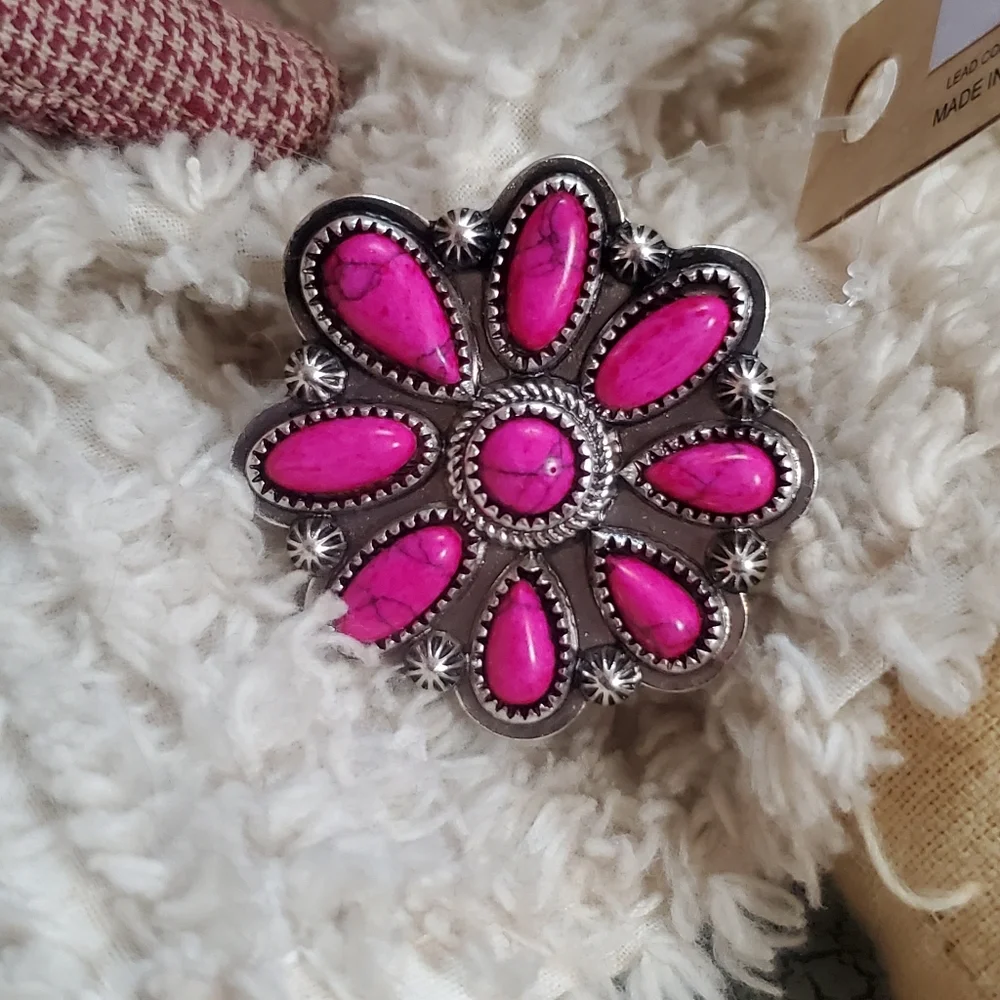 Free Spirit Boho Native South Western People Pink Stone Beaded Flower Ring
